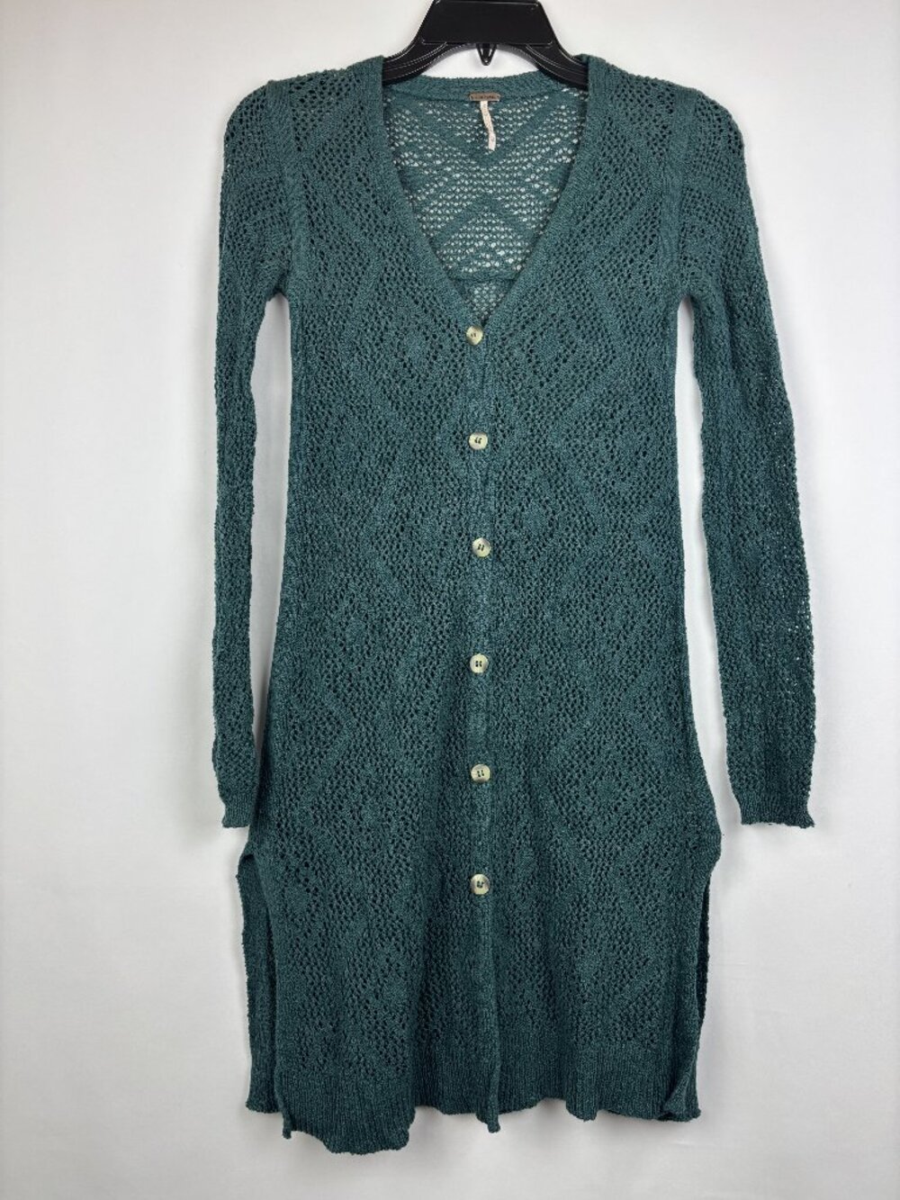 XS Free People Open Knit Lace Cardigan Long Sleeve Split Seam V Neck Cotton